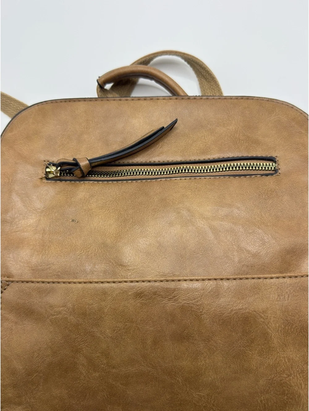 Tan Faux Leather Backpack with Front and Interior Zipper Pck